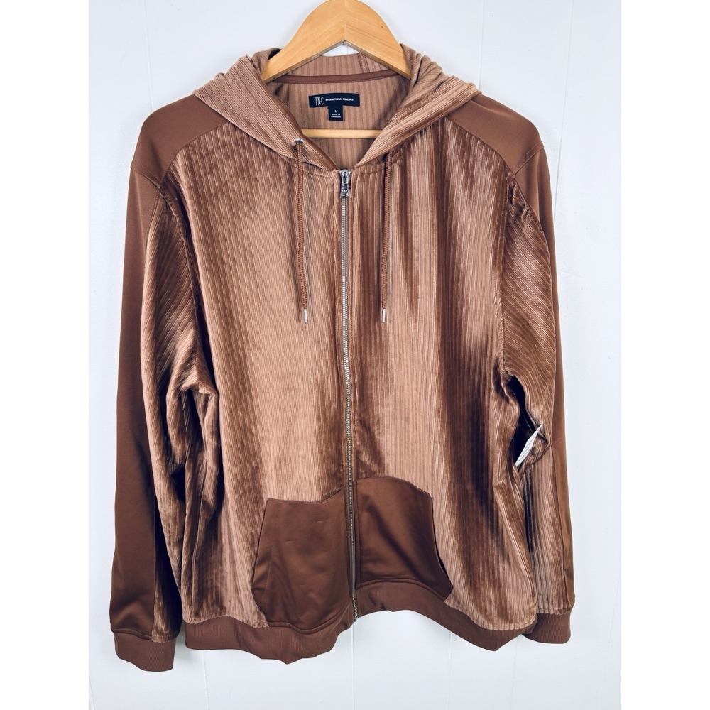 INC International Concepts Large Brown Velour Ribbed Full Zip Track Hoodie NEW